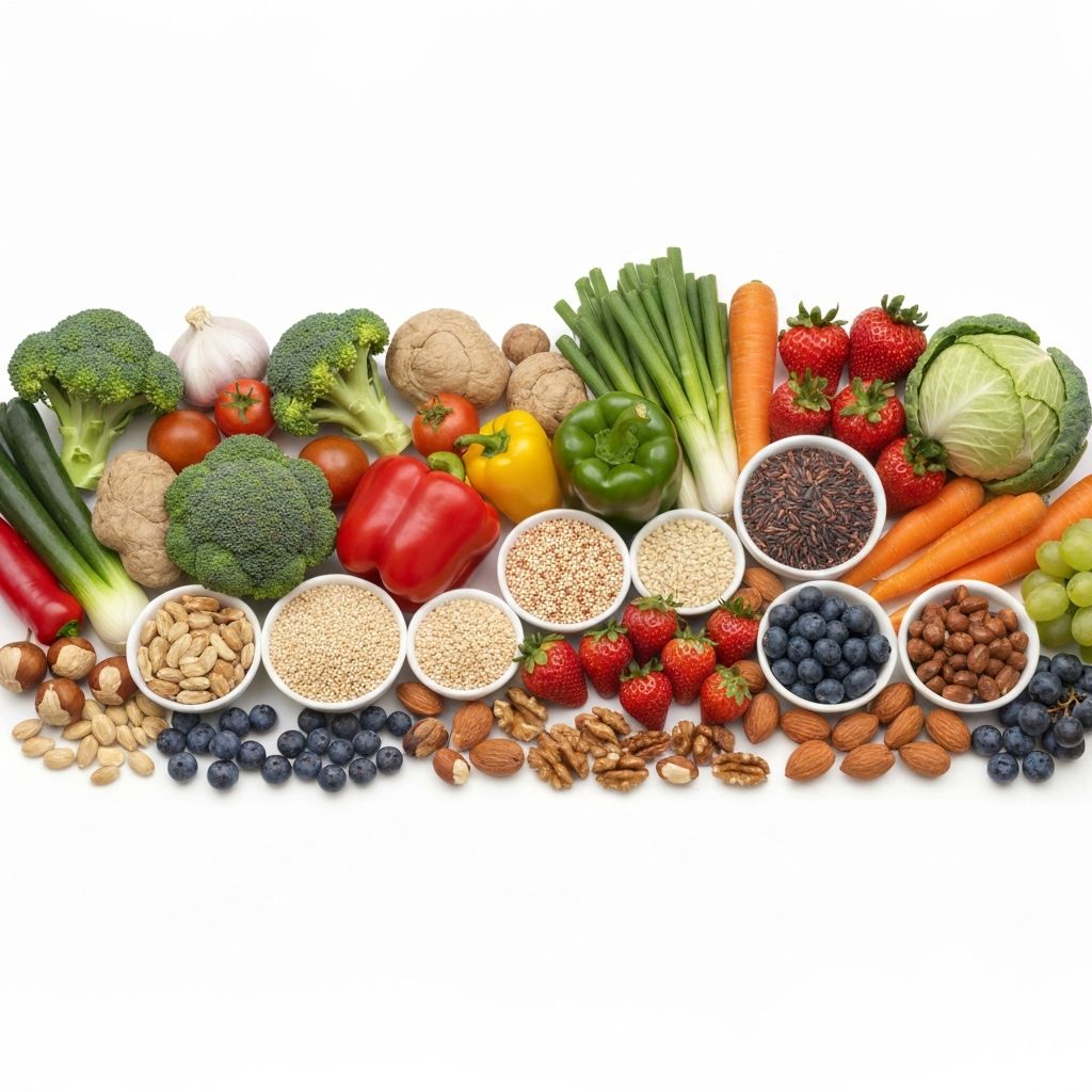 Colorful fresh foods including vegetables, fruits, and whole grains