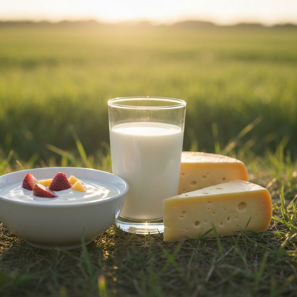 Dairy products including yogurt, cheese, and milk
